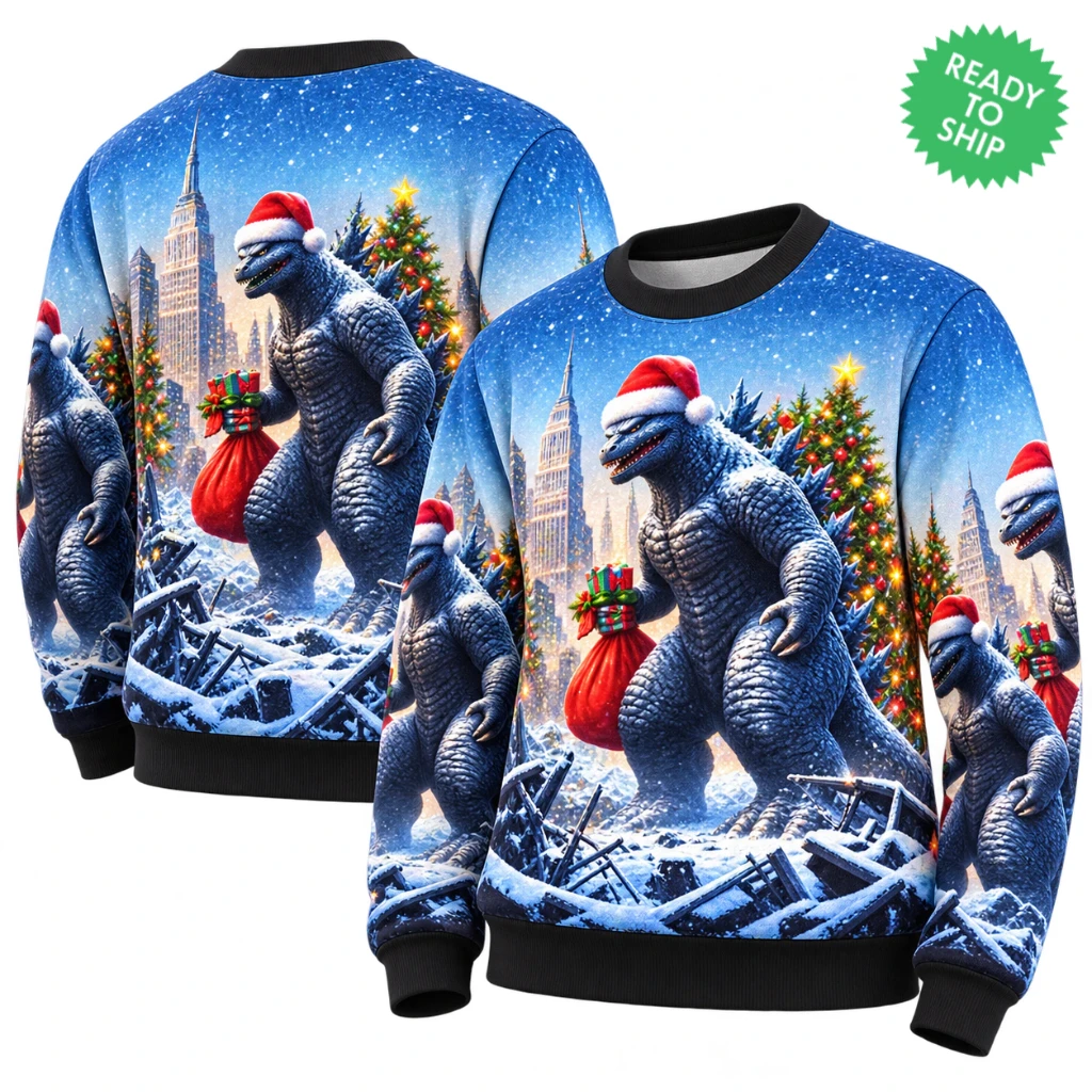 Godzilla Santa Claus Christmas Gifts Blue Christmas Sweater