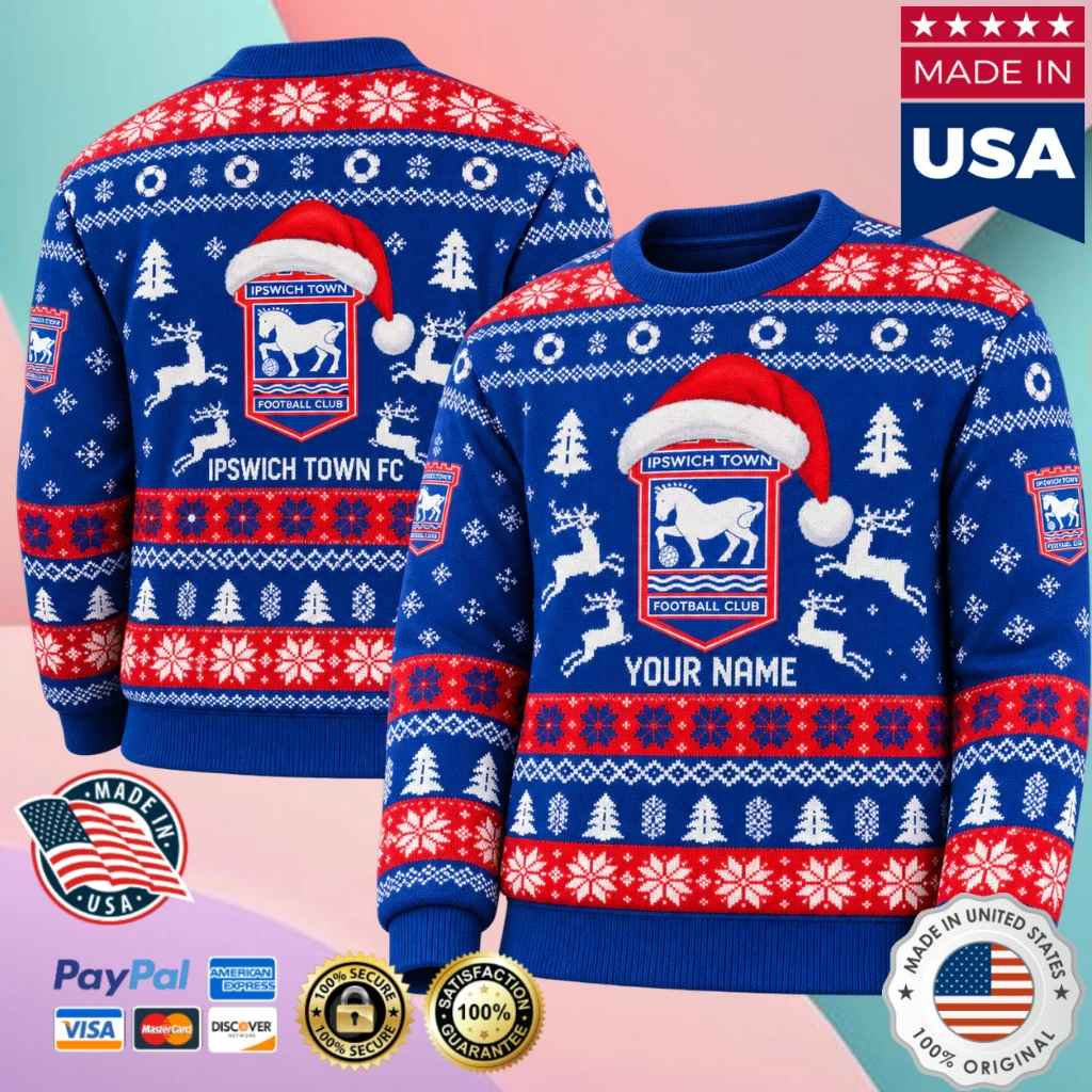 Ipswich Town FC Personalized Name Santa Hat Ugly Christmas Sweater
