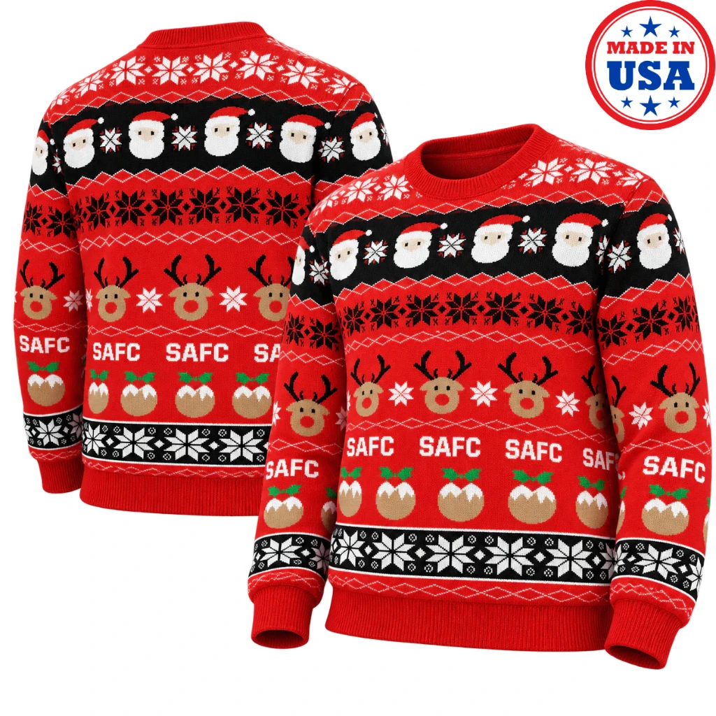 Sunderland AFC The Black Cats Santa Claus Reindeer Red Fair Isle Ugly Christmas Sweater